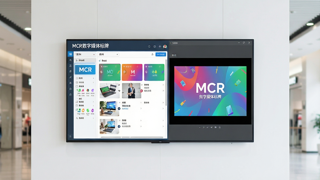 主体为一块悬挂在现代化商业大厅墙壁上的超薄大屏幕显示器,屏幕上正在播放色彩鲜艳、图文并茂的数字标牌内容,画面包含