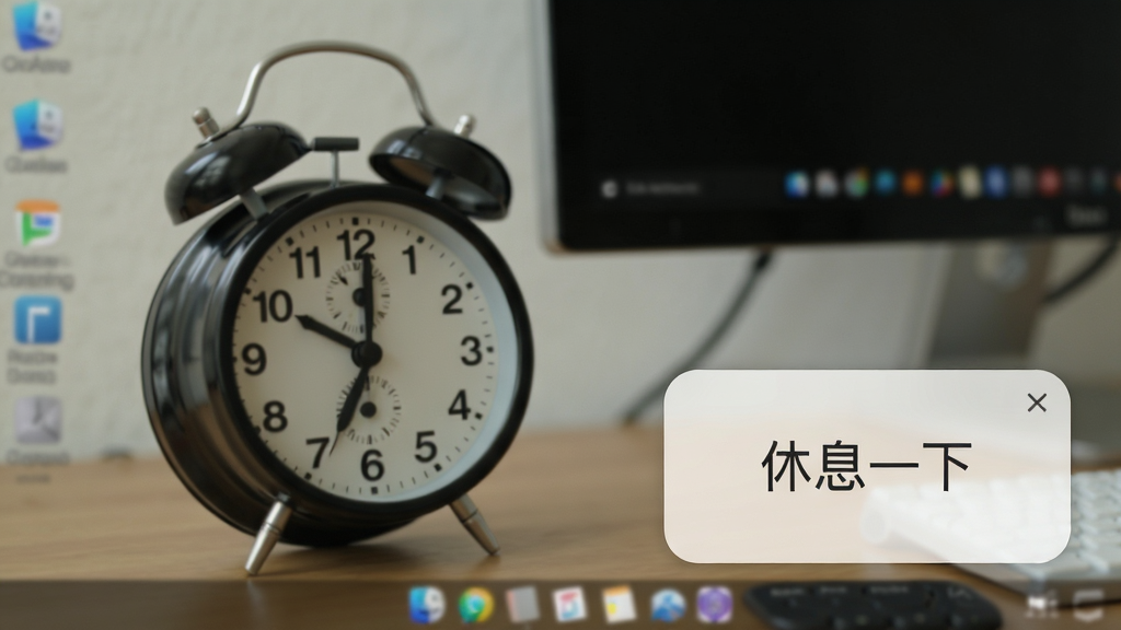 一张展示巨人电脑闹钟在电脑桌面右下角弹出提醒窗口的截图,窗口为圆角矩形,显示“休息一下”文字,背景为模糊的桌面壁纸,整体风格自然,画质清晰,无多余元素
