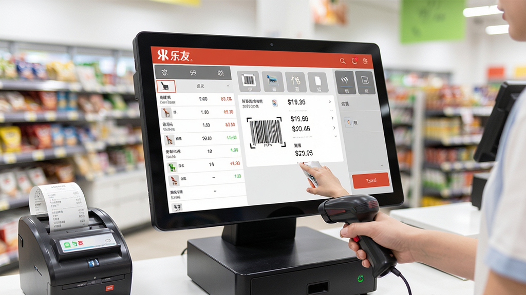 主体:乐友超市POS收银软件界面在电脑屏幕上清晰展示,前台收银台场景。布局:左侧为商品列表,右侧为结算区域,中间大面积显示扫码商品信息。排版:软件界面整洁,功能图标有序排列。风格:写实+明亮,现代超市收银环境。细节:屏幕上显示出商品名称、价格、数量,收银员正在扫描商品条形码,旁边有小票打印机。画质:高清,干净,无多余元素。