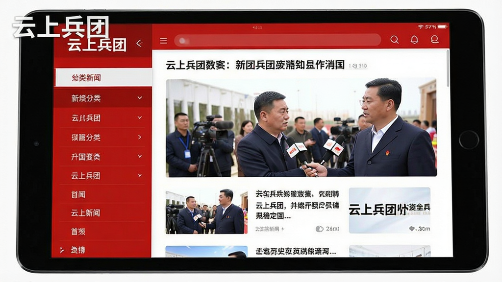 一部平板电脑横屏展示“云上兵团”新闻资讯页面,左侧为新闻分类侧边栏,右侧为新闻标题与缩略图列表,配有一张新闻现场记者采访的照片,整体色调以红色和白色为主,界面风格简洁商务,图片细节锐利,排版专业,文字“云上兵团”作为水印出现在屏幕左上角,画质干净,无多余元素。