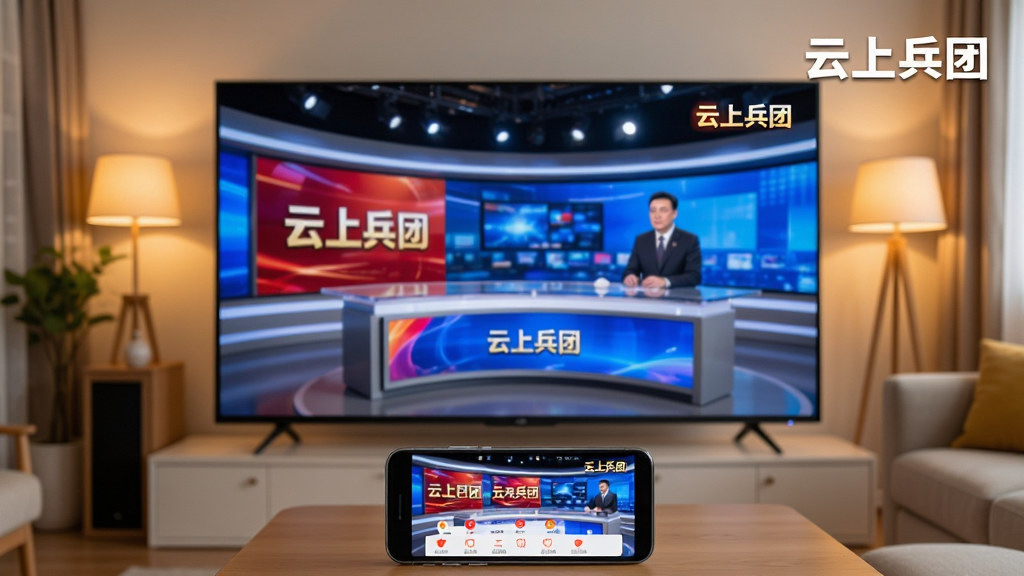 客厅中一台大屏电视正在播放“云上兵团”的电视直播画面,电视屏幕中显示新闻联播的演播室场景,电视下方摆放着一部手机,手机屏幕显示相同的直播画面并带有“云上兵团”APP的界面元素,背景温馨居家,整体风格写实,画面清晰,色彩鲜艳,文字“云上兵团”出现在电视屏幕右上角,画质干净,无多余元素。