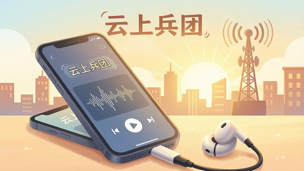 一张城市清晨街景的插画风格图片,前景是一部手机插着耳机,屏幕显示“云上兵团”广播播放界面带有音频波形图,背景是朝阳中的城市轮廓和广播发射塔,整体色调温暖明亮,画面干净,风格清新,文字“云上兵团”出现在手机屏幕上方,画质高清,无多余元素。