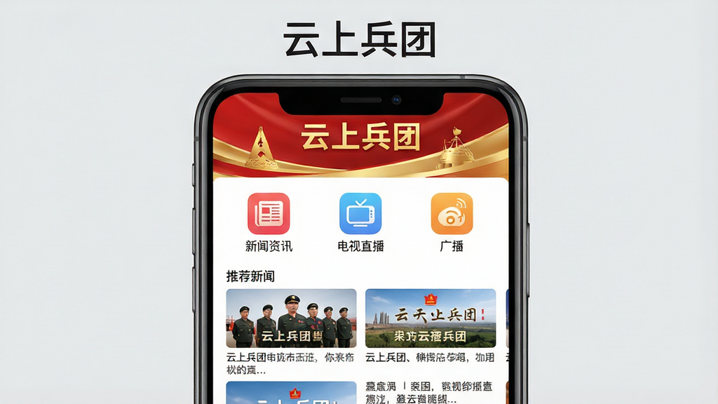 一张智能手机屏幕展示“云上兵团”APP主界面,界面顶部为红色和金色相间的广电风格横幅,中间区域清晰展示“新闻资讯”“电视直播”“广播”等彩色功能图标,下方是推荐新闻封面图列表,背景为简约浅灰色,整体布局扁平化、现代感强,图片质感干净高清,文字标题“云上兵团”置于手机上方居中,画质清晰,无多余元素。