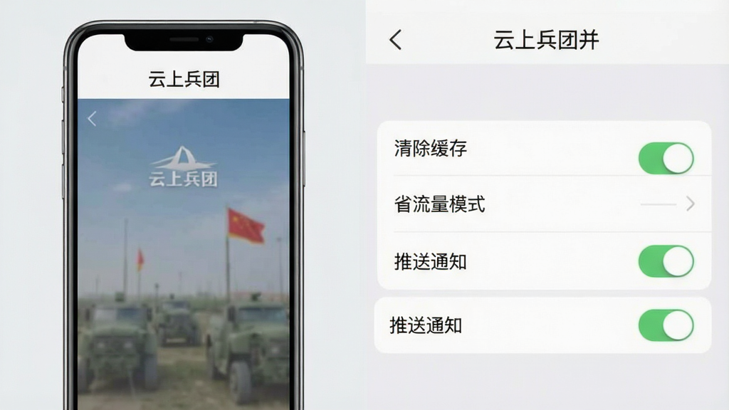 一张手机截图示意“云上兵团”设置页面,页面中有“清除缓存”“省流量模式”“推送通知”等选项开关,背景为淡灰色,配有一个手机模型图,风格简洁实用,文字“云上兵团”出现在页面顶部,画质清晰,无多余元素。