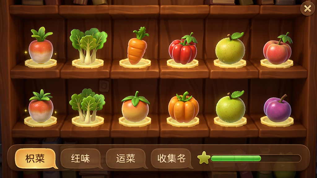 画质干净,无多余元素,游戏《种菜大师》图鉴界面,背景是书房风格的木架,摆放着各种蔬菜水果的3D模型,发光效果,下方有分类标签和收集进度条,界面设计精美,色调温暖,高清渲染,无文字水印