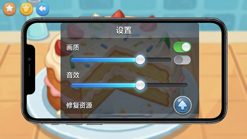 主体:手机横屏游戏画面,展示游戏内“设置”菜单,包含“画质”、“音效”、“修复资源”等选项。布局:设置菜单覆盖在主界面之上,主界面背景为一个完成一半的蛋糕。排版:菜单列表清晰,有开关按钮和滑动条,无文字。风格:简洁明快的游戏UI界面。细节:滑动条有光泽效果,按钮有按压反馈。画质:高清,干净,无多余元素。