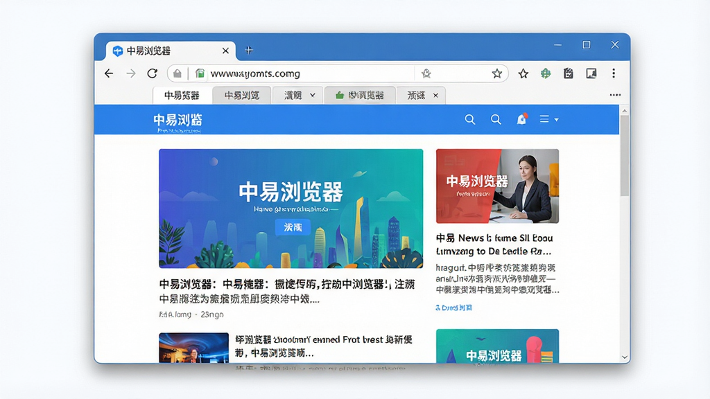 中易浏览器主界面预览图,整体布局:居中显示一个现代风格的浏览器窗口,窗口内打开一个色彩丰富的新闻资讯类网页;排版:浏览器界面简洁,顶部有地址栏和标签栏,页面内容清晰可读;风格:扁平化设计,色调以蓝白为主,界面明亮干净;细节:窗口边缘有柔和阴影,地址栏显示“中易浏览器”字样,页面加载完整;画质:高清渲染,干净,无多余元素。