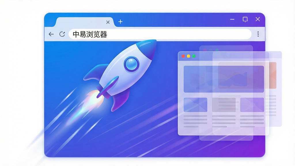 中易浏览器极速加载功能示意图,主体:一个抽象的火箭图标正从浏览器地址栏飞出,后方带有速度线;布局:画面中央偏左为火箭,右侧为半透明的网页元素叠影;排版:简洁直观,突出“快”的概念;风格:科技感插画风,蓝紫色渐变色调;细节:火箭尾部有光效,地址栏显示“中易浏览器”字样;画质:高清渲染,色彩明亮,干净,无多余元素。