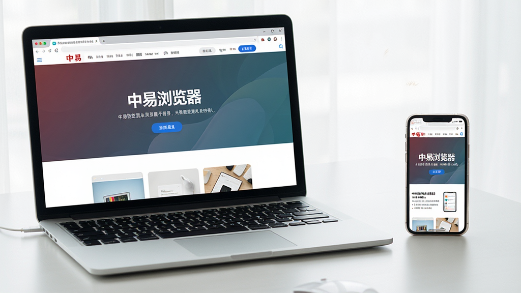 中易浏览器使用场景图,主体:一台笔记本电脑旁边放着一部手机,屏幕上均显示中易浏览器界面;布局:电脑在左,手机在右,形成对比;排版:清晰展示两种设备上的浏览效果;风格:实拍风格,桌面整洁明亮;细节:屏幕内容清晰,显示“中易浏览器”起始页;画质:高清,光线柔和,干净,无多余元素。