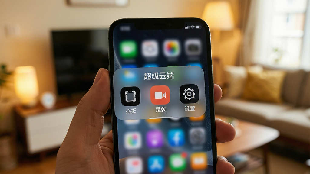一张手机握持特写图,屏幕中清晰显示“超级云端”的悬浮工具栏,包含截图、录屏、设置等图标,背景为模糊的客厅环境,暖色调,画面聚焦于屏幕内容,风格为生活实拍感,细节丰富,突出实用场景,画质干净,无多余元素