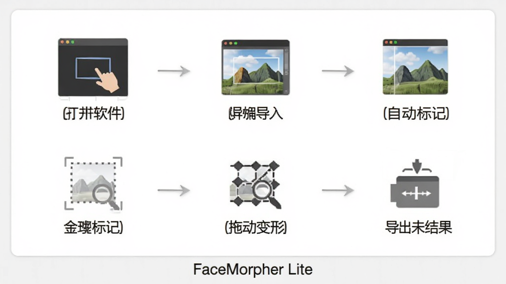 展示一张多步骤操作示意图,包含打开软件、导入图片、自动标记、拖动变形、导出结果五个步骤,每个步骤配有小图标与简要文字说明,整体版式干净清晰,背景白色带浅灰边框,画质细腻,无多余元素,底部有