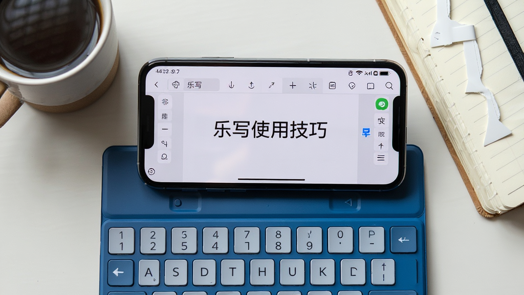 一张智能手机横屏连接蓝牙键盘的俯拍图,手机屏幕显示乐写编辑界面,上面有标题