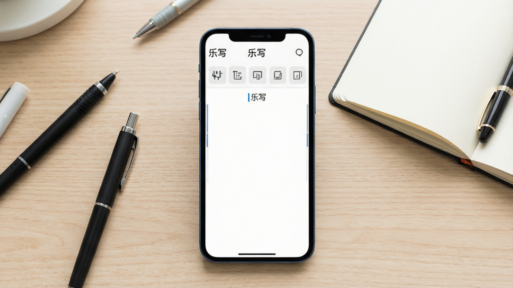 一张展示乐写软件在智能手机上运行的界面截图,主体是简洁的编辑页面,上方有