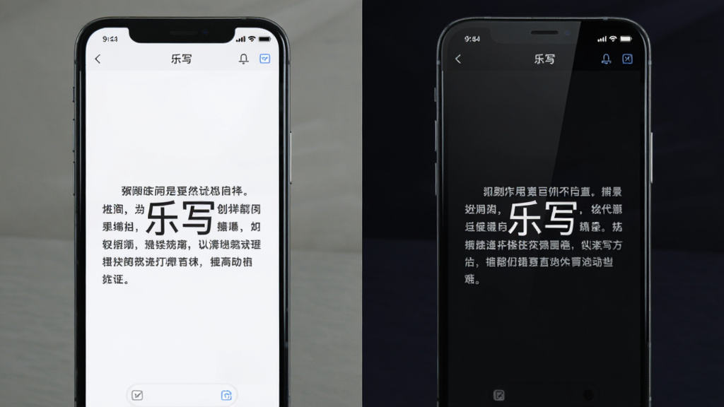 一张分屏对比图,左半边是乐写在日间模式下的白色编辑界面,右半边是夜间模式的深色界面,屏幕中央显示一段中文文字,周围没有多余图标,主体是手机屏幕,布局左右对称,排版整洁,风格简洁现代,细节体现屏幕反光,画质细腻干净,无多余元素,图片中文字标注