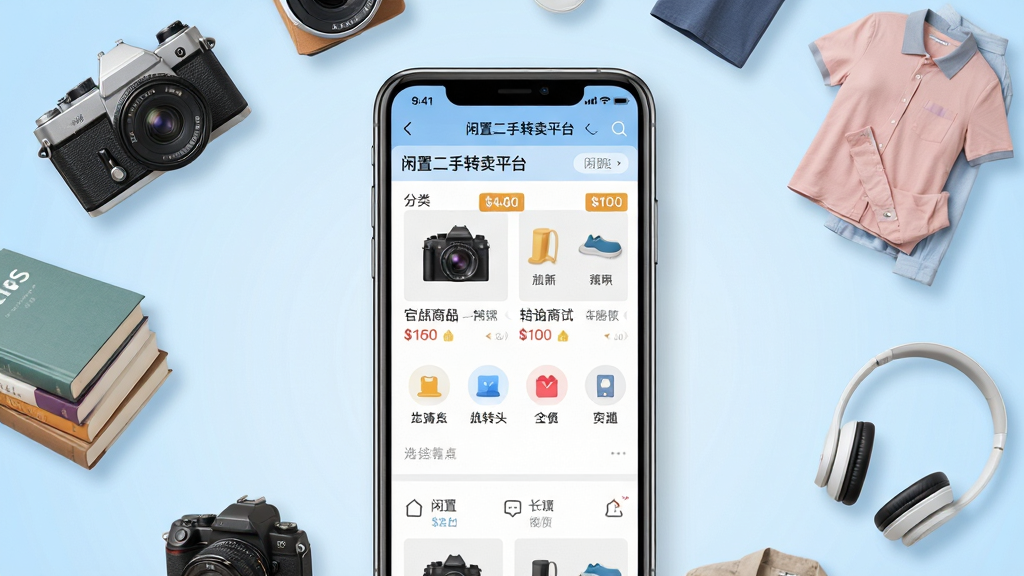 画面主体为闲置二手转卖平台APP界面展示,一部智能手机屏幕居中,屏幕上显示商品列表与分类图标,周围环绕各类闲置物品如相机、书籍、衣物、耳机等,背景为柔和的浅蓝色渐变,布局采用手机居中、物品环绕的排版,风格清新简约,细节包括界面中的