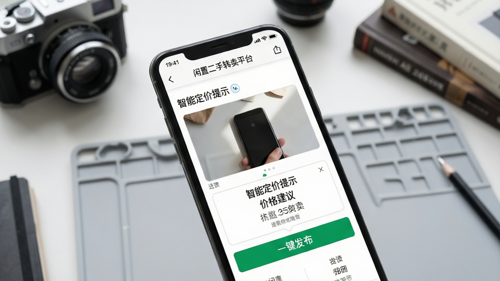 画面主体为一部手机展示闲置二手转卖平台的发布页面,页面中有商品照片上传区域与智能定价提示框,布局为手机屏幕特写,屏幕内显示