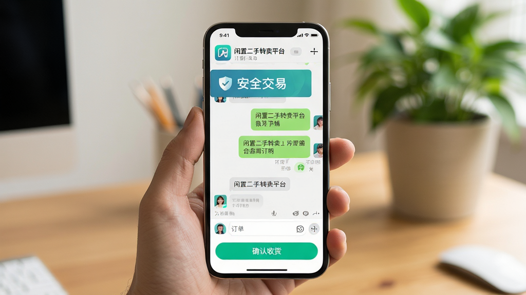 画面主体为手机屏幕展示闲置二手转卖平台聊天界面与订单详情,屏幕内有