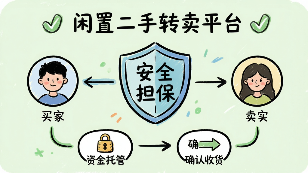 画面主体为闲置二手转卖平台的交易担保流程示意图,采用手绘风格插画,中间为盾牌图标与