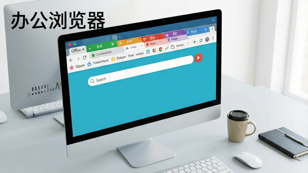 一张现代简约风格的高清电脑屏幕特写,屏幕中显示办公浏览器的完整界面,包含多个彩色标签页、书签栏和搜索框,背景为干净的浅灰色办公桌,桌上有键盘、咖啡杯和笔记本,画面明亮通透,突出