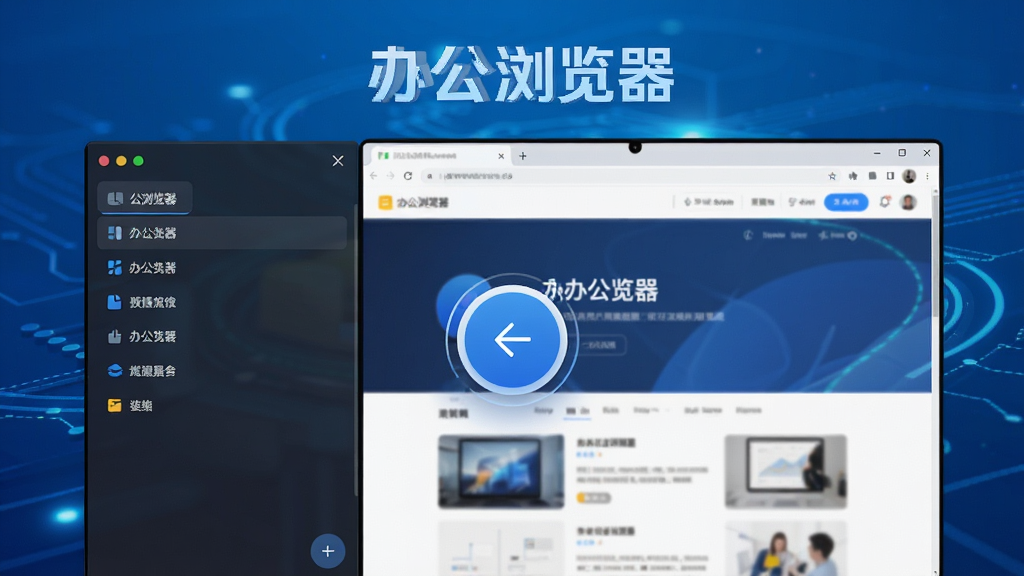 办公浏览器功能预览图,画面展示屏幕分屏效果,左侧为标签页分组列表,右侧为网页内容,中间有悬浮的圆形切换按钮,背景为渐变蓝色科技感光效,整体风格现代简约,突出