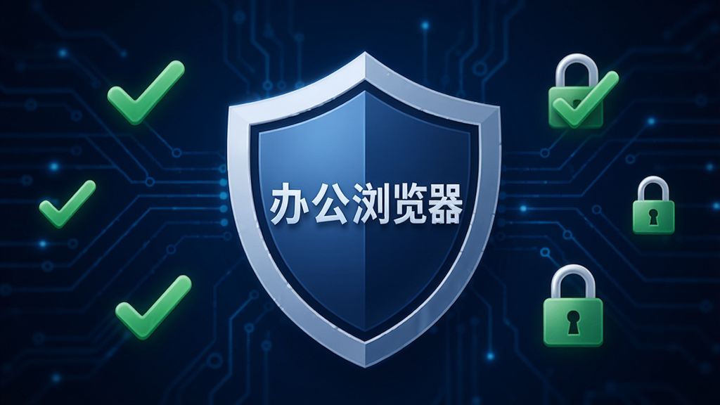 办公浏览器安全防护界面,画面为盾牌形状的图标位于中央,周围环绕着绿色对勾和锁形符号,背景为深蓝色科技感线条,整体风格稳重,突出