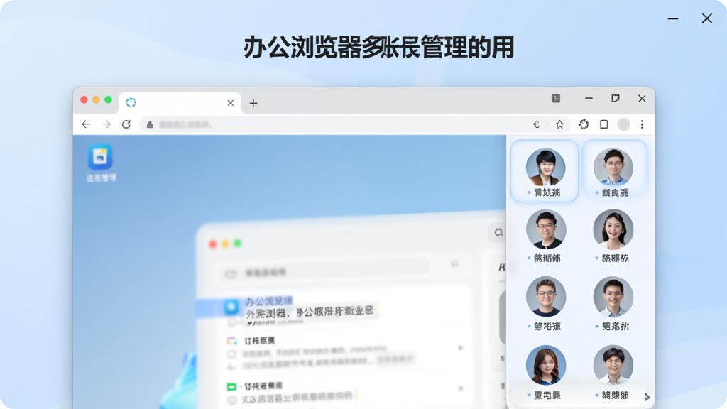 办公浏览器多账号管理界面截图,画面中央为浏览器窗口,右侧滑出面板显示多个圆形头像,每个头像下方标注账号名称,背景为柔和的浅蓝色渐变,风格简洁明亮,突出软件名称,细节丰富,画质高清。