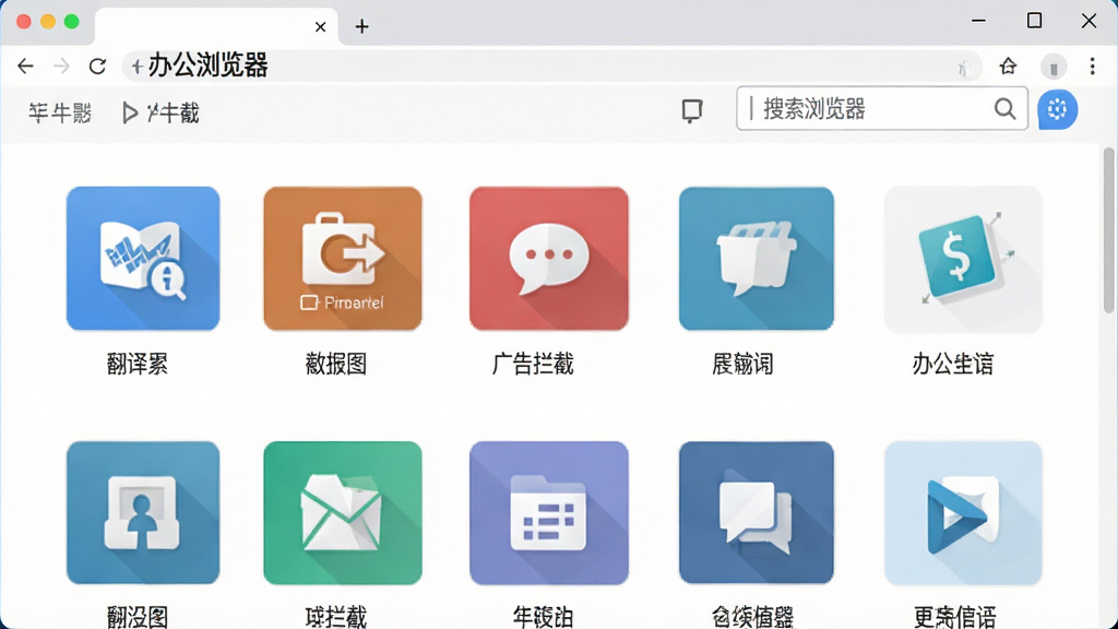 办公浏览器插件管理页面,画面展示浏览器扩展中心,网格状排列各种插件图标,包括翻译、截图、广告拦截等,右上角有搜索框,整体界面干净整洁,配色清新,带有