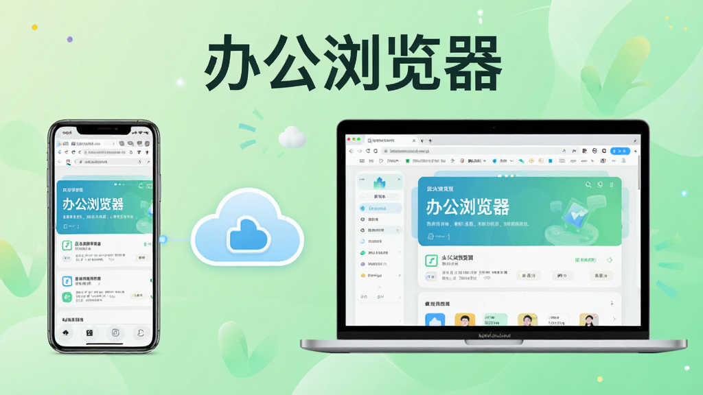 办公浏览器移动端与电脑端同步演示图,画面左侧为一部智能手机,右侧为一台笔记本电脑,两者屏幕均显示办公浏览器界面,中间有云朵图案连接,背景为浅绿色渐变,风格清新明亮,突出