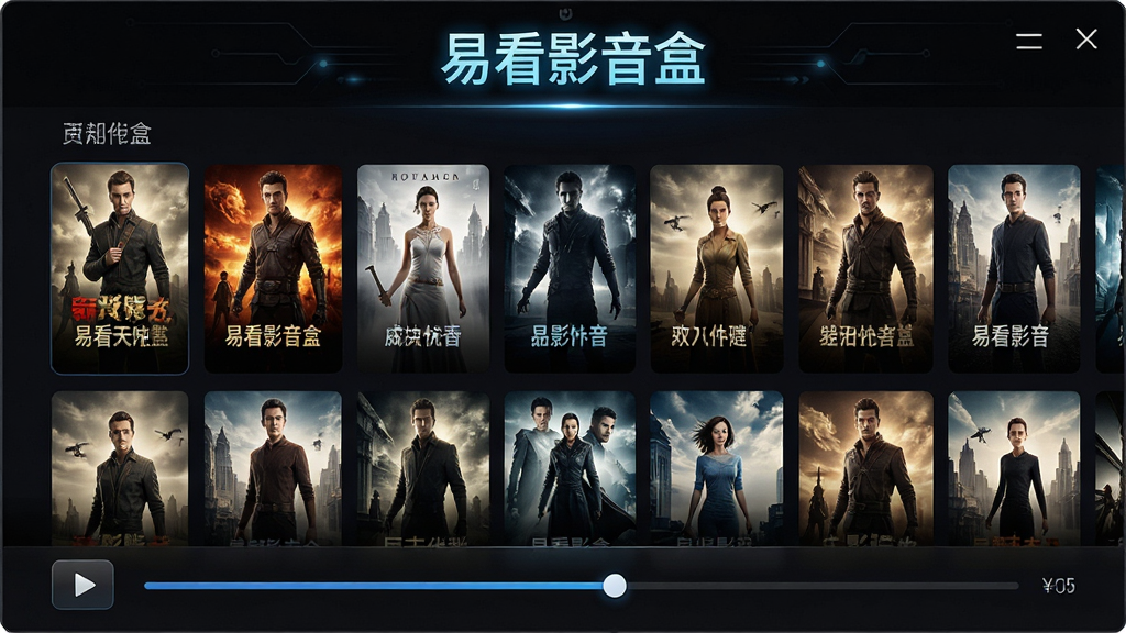 一张展示易看影音盒主界面的宽屏高清截图,界面风格为深色科技感,顶部为软件名称“易看影音盒”的发光Logo,中间是分类清晰的影视海报墙,下方有播放按钮和进度条,整体布局整洁现代,画质细腻,光影效果真实,无多余元素。