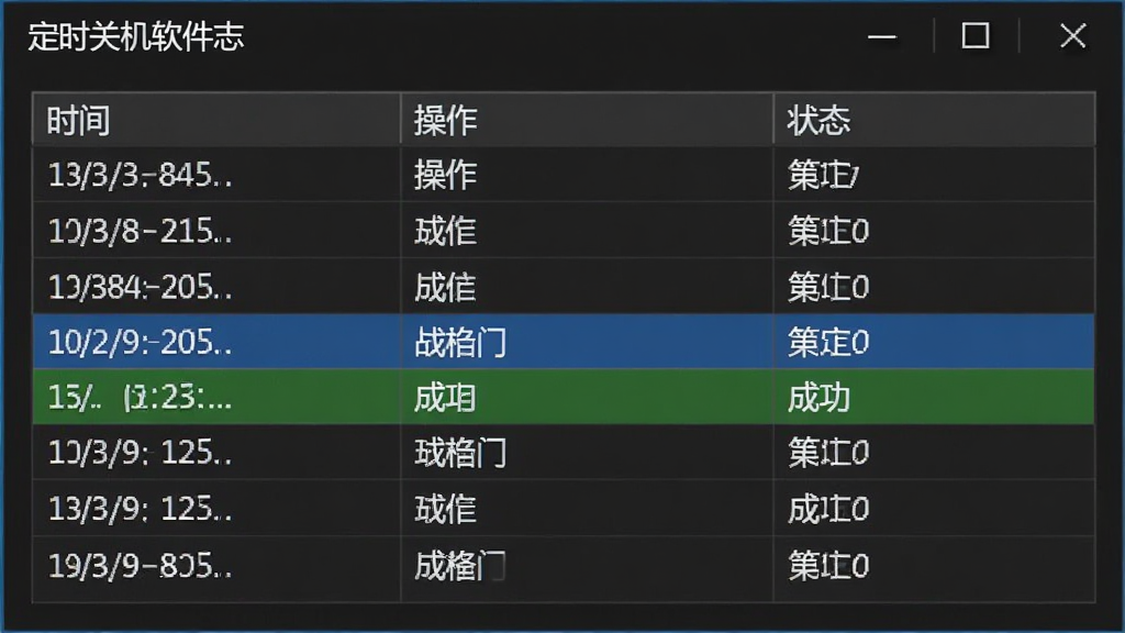 定时关机软件日志界面截图,展示一个表格窗口,列标题为“时间”、“操作”、“状态”,下方有数行模拟记录,其中一行高亮显示“成功”,界面采用深色主题,文字清晰,风格专业,画质高清,无多余元素