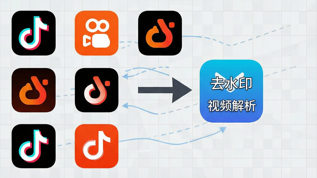 一张展示多平台兼容的示意图,画面中排列着抖音、快手、火山等软件图标,中央箭头指向“去水印视频解析”Logo,背景为浅灰色网格,风格扁平化,整体干净整齐,画质清晰,无多余文字