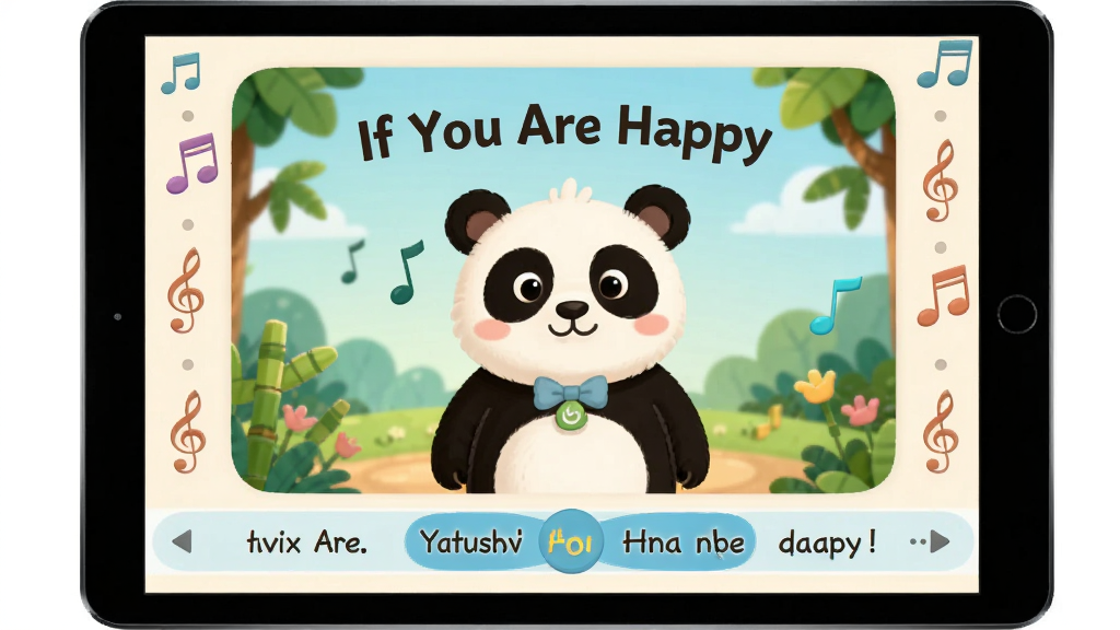 主体:熊猫乐园早教App的儿歌播放页面展示,屏幕上显示英文儿歌《If You Are Happy》的动画画面,下方有歌词滚动。布局:平板设备居中,界面清晰,左右有音符装饰。排版:歌词字体清晰,高亮当前句。风格:温馨卡通UI设计,色彩柔和,画质干净,无多余元素。