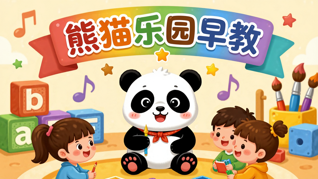主体:一只可爱的熊猫老师与孩子们在五彩斑斓的早教乐园中互动学习,背景有字母积木、音符、画笔等元素。布局:居中构图,熊猫老师位于画面中央,孩子们围坐四周,上方悬浮着“熊猫乐园早教”字样的彩色横幅。排版:横幅字体圆润可爱,主标题醒目,下方点缀小星星。风格:卡通插画,色彩明亮温馨,细节丰富,干净无多余元素,高画质。