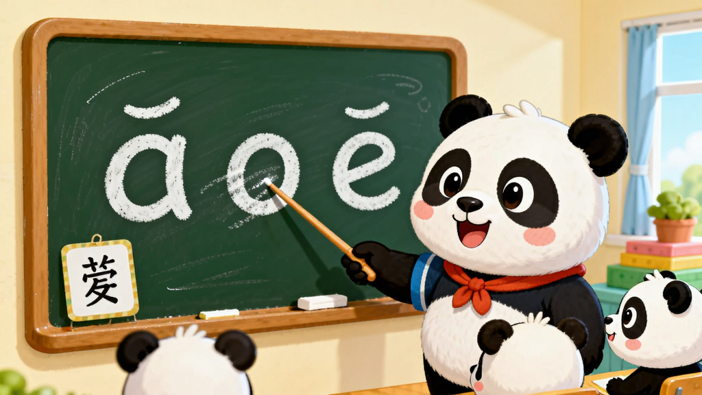 主体:熊猫老师正在黑板上书写拼音“a o e”,旁边有汉字卡片和卡通熊猫学生。布局:教室场景,黑板在画面中央偏左,熊猫老师持教鞭指向拼音。排版:黑板上拼音字母大而清晰,卡片标注汉字。风格:明亮童趣插画,色彩鲜艳,背景干净,高画质。