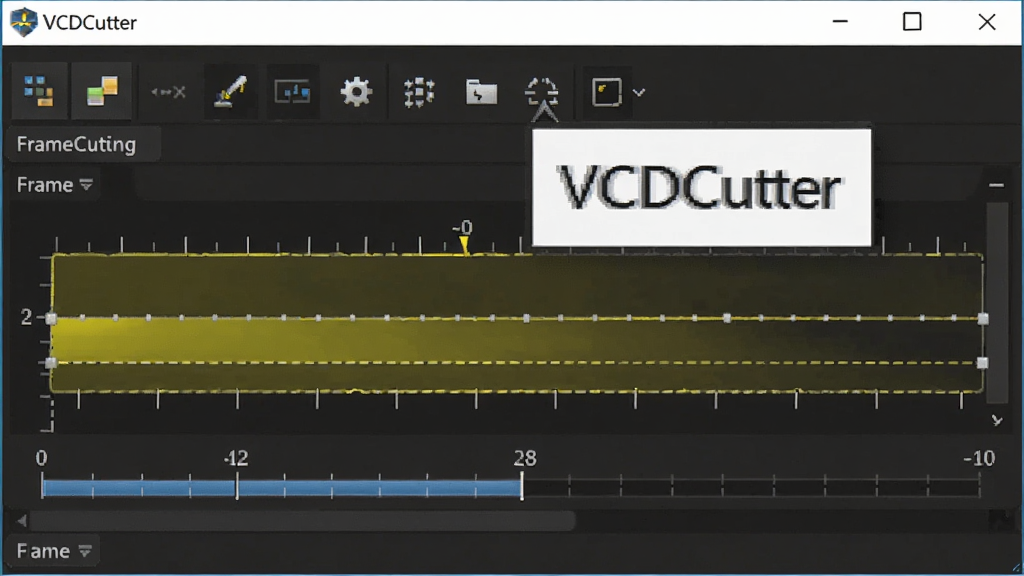 VCDCutter操作界面细节图,展示帧级精准切割的进度条标记,黄色高亮显示选中区域,背景为软件深色界面,附有“VCDCutter”工具栏悬浮提示,风格写实清晰