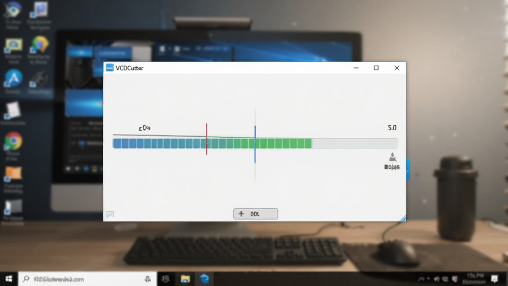 VCDCutter运行在Windows桌面上的整体环境截图,背景为模糊的电脑桌面,前置窗口显示视频切割进度条,画面光线柔和,突出软件操作流畅感