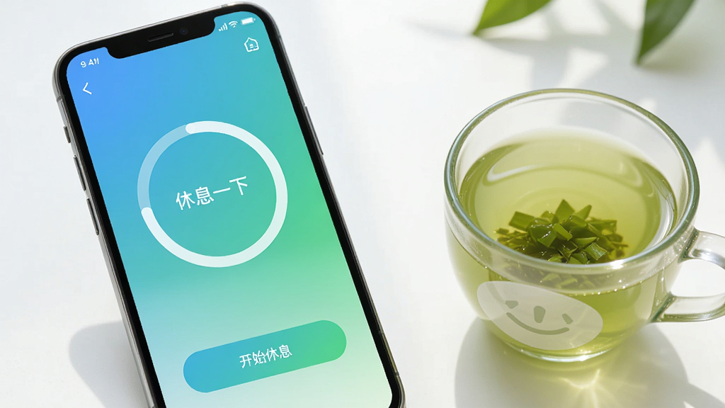 眼睛护士软件运行在手机上的界面图,屏幕显示“休息一下”的倒计时圆环,背景为渐变的蓝色到绿色,界面简洁,下方有“开始休息”按钮,手机旁边放着一杯绿茶,画面明亮清新,画质干净