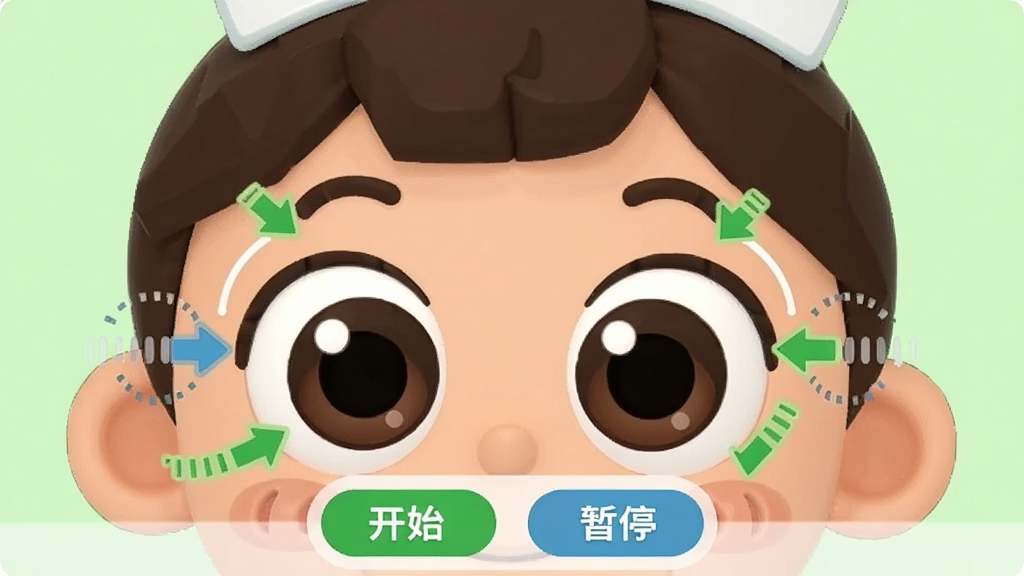 眼睛护士软件卡通角色正在演示眼球运动操,动画风格可爱,角色头部特写,眼睛周围有运动轨迹线条和绿色箭头,界面下方有“开始”、“暂停”按钮,背景为浅绿色,画质清晰,干净整洁