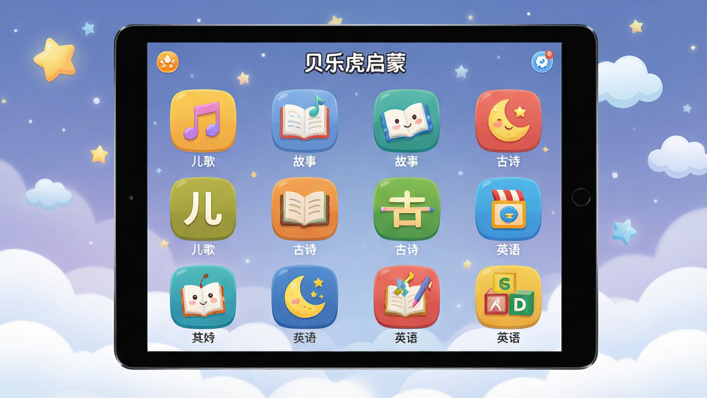 主体:“贝乐虎启蒙”APP界面截图风格展示,屏幕上分类排列着“儿歌”、“故事”、“古诗”、“英语”等彩色图标。布局:采用平板电脑的正面视角,界面清晰展示内容分类,背景是柔和的星空和云朵。排版:界面图标排列整齐,色彩区分明显,中心突出。风格:现代扁平化UI设计结合儿童插画风格。细节:每个分类图标都有对应的小图案,如音符、书本、月亮、字母块。画质:高清、干净、无多余元素。