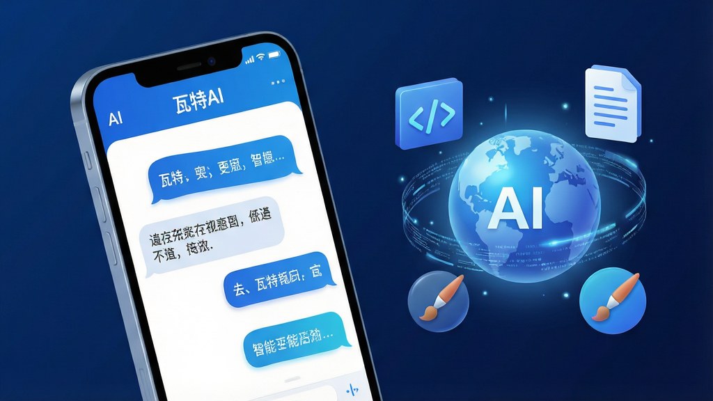 一幅展现“瓦特AI”核心功能的现代科技感宣传图。主体:智能手机屏幕中展示一个科技蓝与白色调为主的AI对话界面,界面内有流畅的文本生成和智能问答气泡。布局:手机位于画面中心偏左,右侧悬浮着代表AI能力的抽象光球和代码、文档、画笔等效率图标。排版:主体突出,元素错落有致。风格:扁平化结合微立体,科技感十足,色彩明亮通透。细节:屏幕内显示“瓦特AI”字样与对话内容,光球表面有数据流环绕。画质:高清渲染,干净整洁,无多余元素。