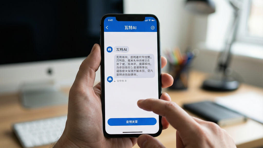 一幅关于“瓦特AI”移动端使用场景的实拍风格图片。主体:一只手拿着智能手机,屏幕中显示瓦特AI的对话界面,背景是模糊的办公室或书房环境。布局:手机屏幕清晰可见,作为前景主体,背景虚化处理。排版:真实生活场景抓拍感,自然不做作。风格:写实风格,带有生活气息。细节:屏幕内展示AI正在生成文字回答,界面清晰明亮,手指轻触屏幕。画质:高质量对焦,画面干净,无其他干扰元素。