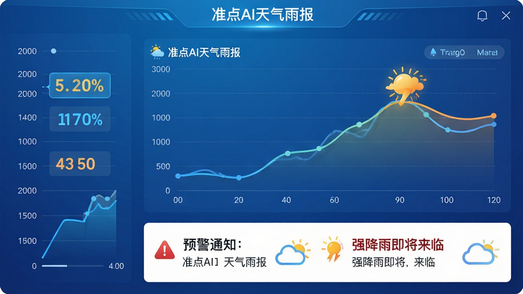 主体:准点AI天气雨报的分钟级降雨预报功能界面。布局:左侧为时间轴,右侧为降雨强度曲线图,下方有预警通知卡片。排版:清晰的时间轴与曲线图,重点数据高亮显示。风格:科技蓝渐变背景,数据可视化风格。细节:曲线图标注