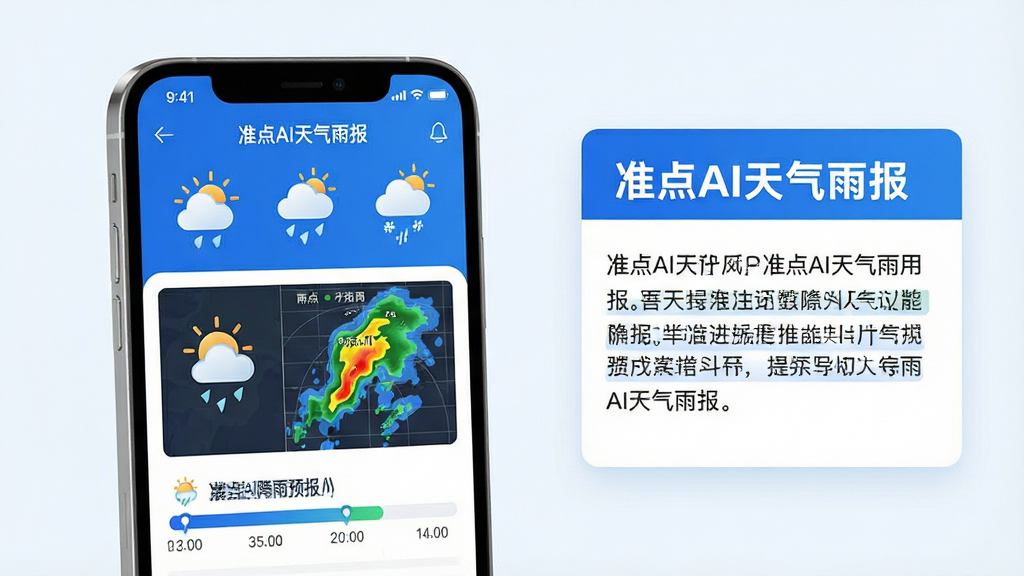 主体:准点AI天气雨报应用界面展示,手机屏幕上有清晰的天气图标、降雨雷达图、时间轴降雨预报条。布局:手机位于画面中心偏左,右侧有文字说明面板,整体排版简洁。风格:现代科技感,蓝色与白色为主色调,扁平化设计。细节:天气图标精致,降雨雷达图色彩分明,时间轴标注