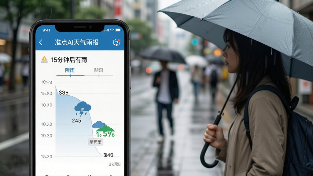 主体:准点AI天气雨报在手机上的使用场景图,展示用户查看降雨预报并带伞出门。布局:前景为手机屏幕特写,背景为街道雨中行人。排版:手机屏幕清晰显示