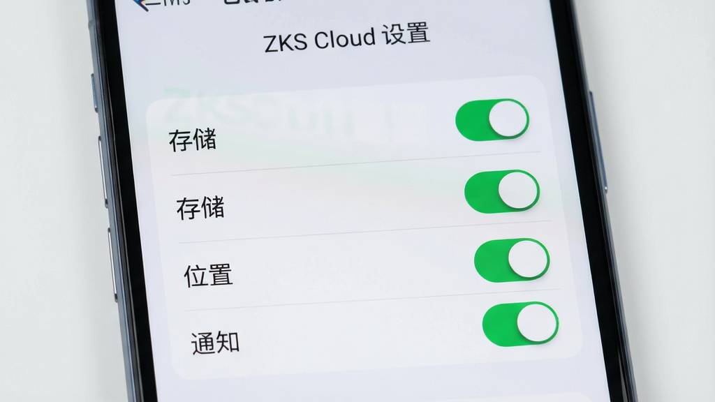 一张展示ZKS Cloud软件在手机后台运行与系统设置界面的截图,主体为手机屏幕特写,屏幕中显示ZKS Cloud的权限管理设置页,包括存储、位置、通知等开关项,布局采用中心构图,背景为浅灰色,风格偏写实,细节包括开关按钮的绿色高亮状态,画质清晰干净,无多余元素,屏幕上方显示文字“ZKS Cloud 设置”,整体光线明亮柔和。