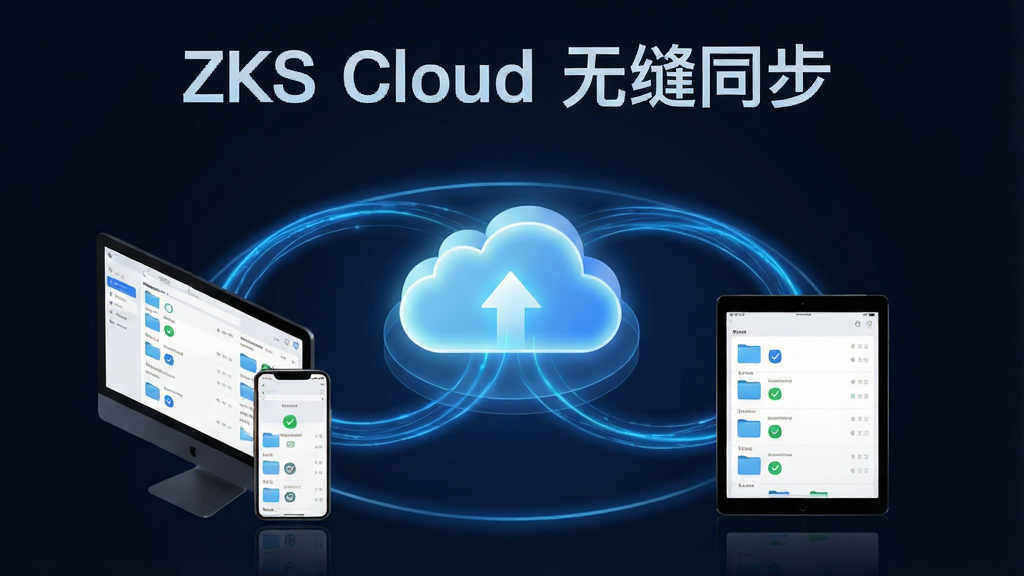 ZKS Cloud软件的多设备同步功能预览图,主体为电脑、手机、平板三台设备围绕一个发光的云朵图标,设备屏幕中显示相同的文件列表,布局采用环形构图,设备间用流动的蓝色光线连接,代表数据同步,风格简约科技感,细节包括屏幕上的文件夹图标与对勾符号,画质干净明亮,无多余元素,图片中显示文字“ZKS Cloud 无缝同步”,字体为无衬线体,清晰可读。