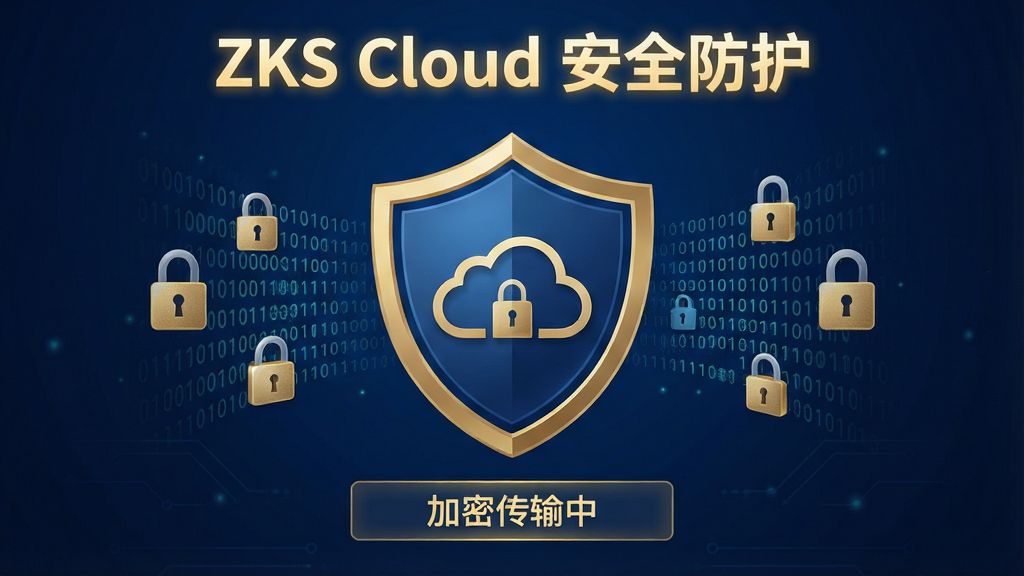 ZKS Cloud软件的数据安全防护界面截图,主体为一个盾牌图标中央有云朵轮廓,周围环绕着锁头与二进制数字流,布局采用居中对称,盾牌下方有“加密传输中”的提示条,风格为深蓝色科技背景配以金色高光,细节包括数据流中的微小锁头图形,画质细腻有质感,干净无多余元素,图片上标注文字“ZKS Cloud 安全防护”,采用发光字体。