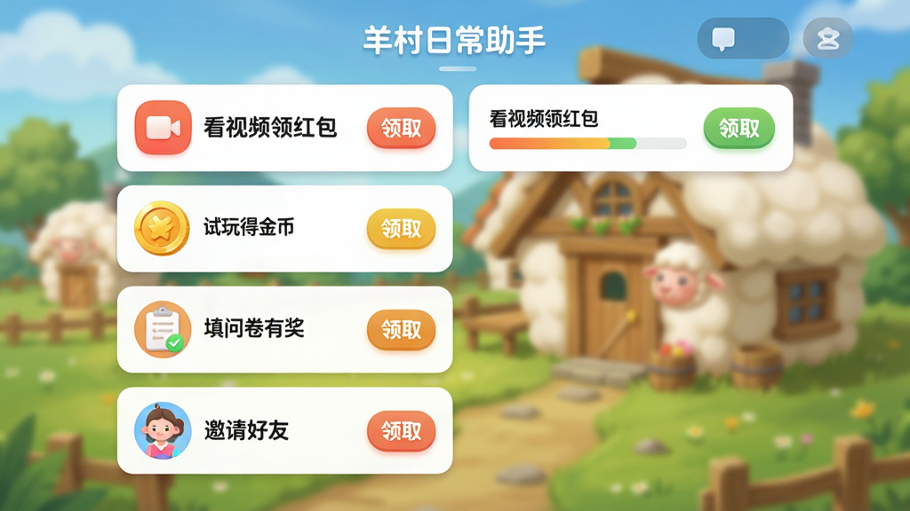 展示“羊村日常助手”任务列表页面,屏幕上列出四个任务卡片,分别标有“看视频领红包”、“试玩得金币”、“填问卷有奖”、“邀请好友”的字样,每个卡片右侧有进度条和领取按钮。背景虚化的羊村小屋,整体排版整齐,色彩鲜明,UI设计现代且可爱,画质清晰,无冗余元素。