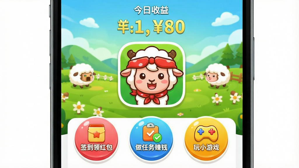 画面中央展示一款名为“羊村日常助手”的手机应用界面,界面风格卡通可爱,以绿色草原和羊村为背景,主图标是一个戴着红色头巾的卡通羊。整体布局清晰,上方显示“今日收益”数字,下方排列着“签到领红包”、“做任务赚钱”、“玩小游戏”三个彩色圆形按钮。画面明亮活泼,色彩饱和度高,UI设计精致,具有Q版风格,画质干净清晰,无多余元素。