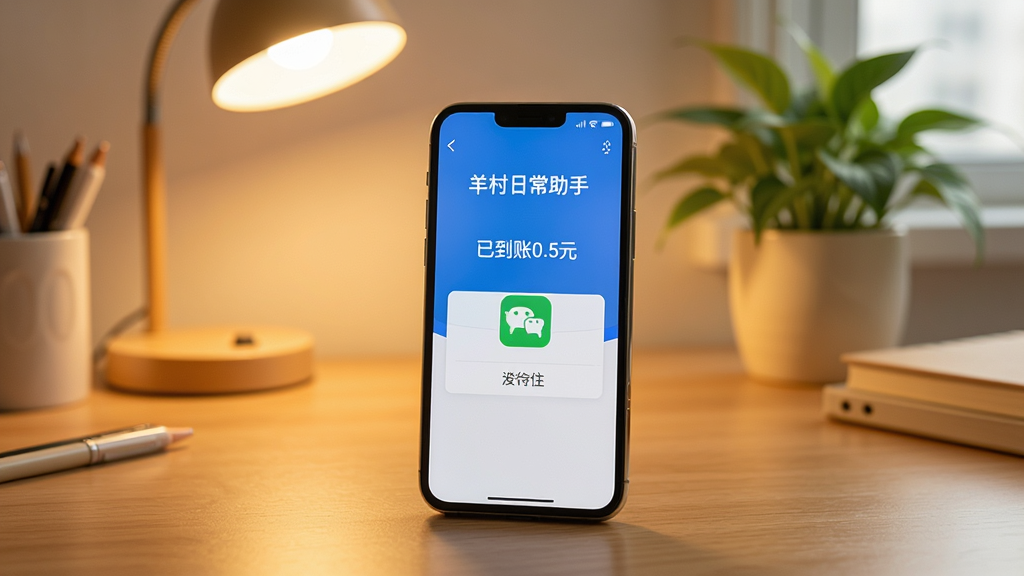一部智能手机放在桌面上,屏幕显示“羊村日常助手”的提现成功界面,上面有“已到账0.5元”的提示和微信支付图标。背景是温馨的书桌,有台灯和绿植,整体氛围真实,照片风格清晰,画质高,细节丰富,无杂乱元素。